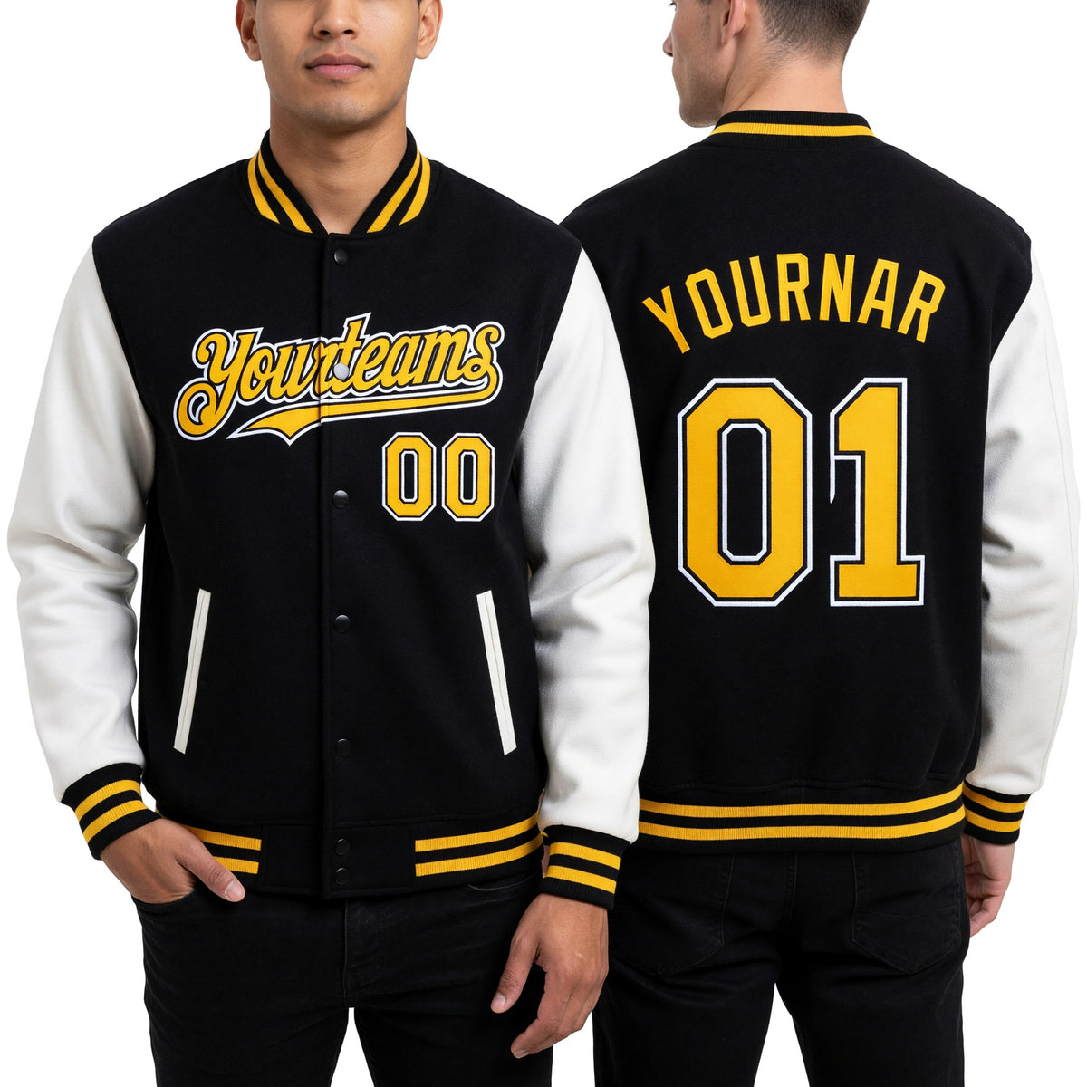 Custom Black Gold-White Bomber Full-Snap Varsity Letterman Two Tone Hoodie Jacket worn front and back