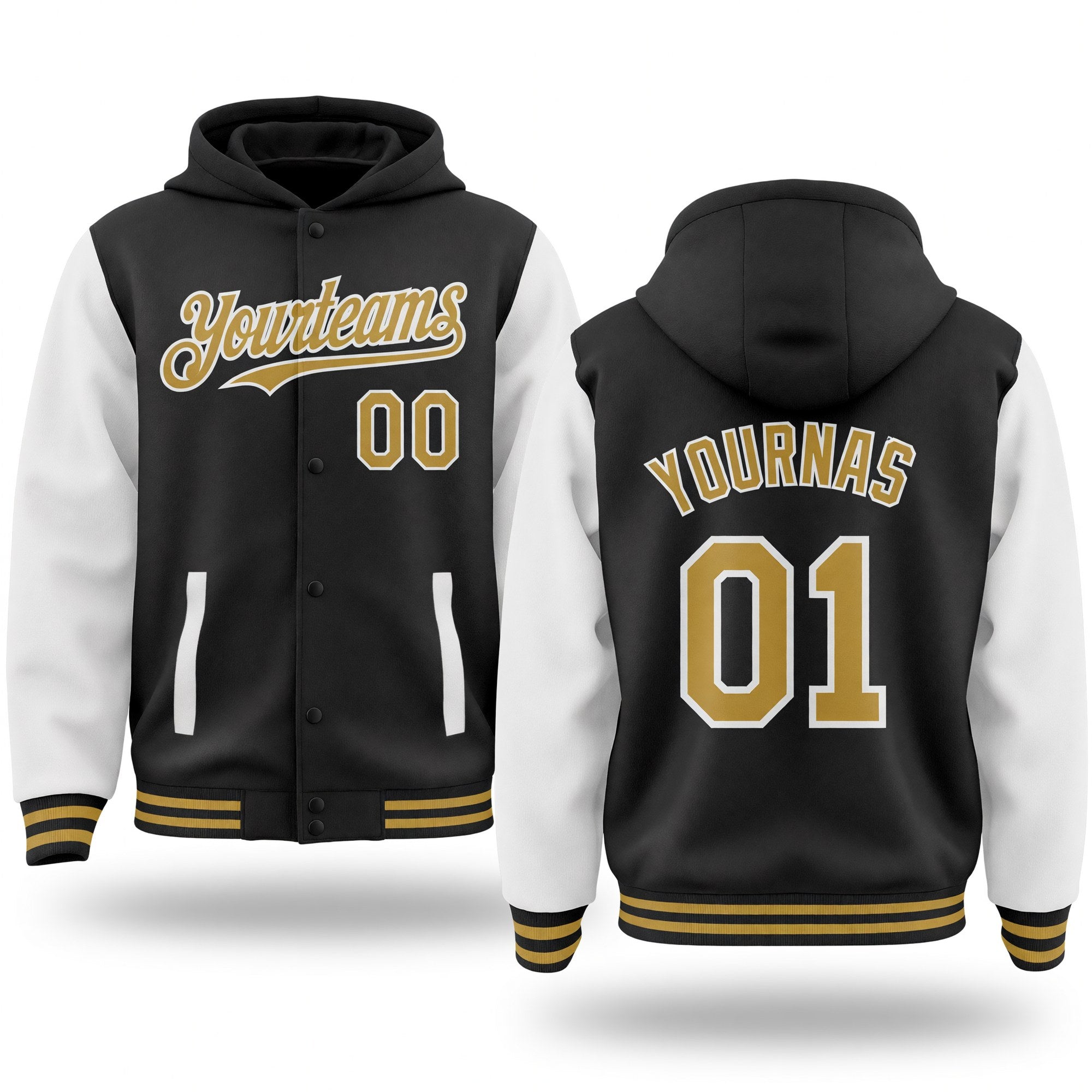 Custom Black Old Gold-White Bomber Full-Snap Varsity Letterman Two Tone Hoodie Jacket