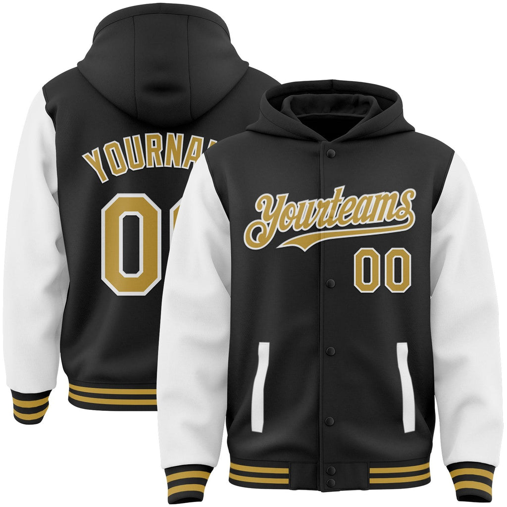 Custom Black Old Gold-White Bomber Full-Snap Varsity Letterman Two Tone Hoodie Jacket photo 1