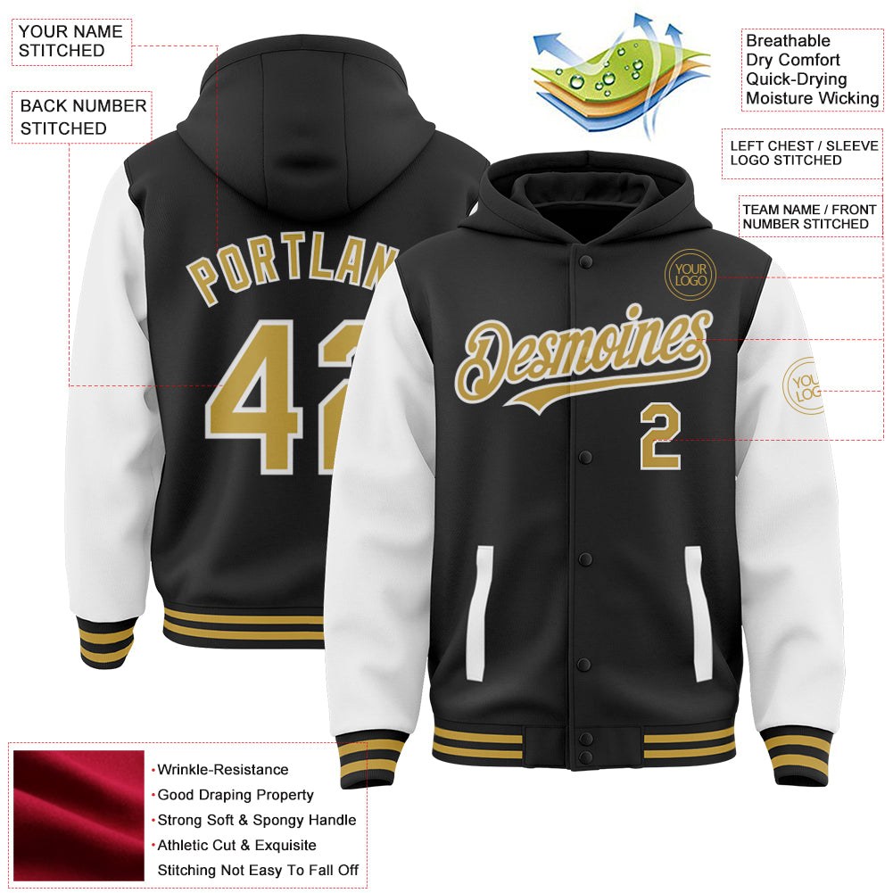 Custom Black Old Gold-White Bomber Full-Snap Varsity Letterman Two Tone Hoodie Jacket photo 3