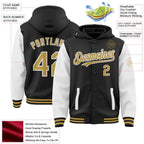 Custom Black Old Gold-White Bomber Full-Snap Varsity Letterman Two Tone Hoodie Jacket photo 3