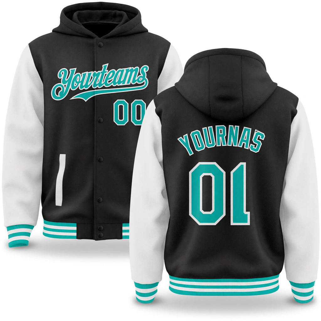 Custom Black Aqua-White Bomber Full-Snap Varsity Letterman Two Tone Hoodie Jacket