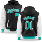 Custom Black Aqua-White Bomber Full-Snap Varsity Letterman Two Tone Hoodie Jacket