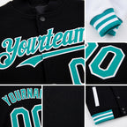 Custom Black Aqua-White Bomber Full-Snap Varsity Letterman Two Tone Hoodie Jacket detail