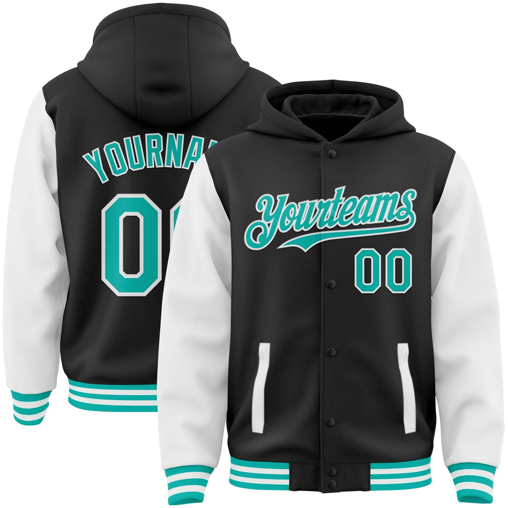 Custom Black Aqua-White Bomber Full-Snap Varsity Letterman Two Tone Hoodie Jacket photo 1