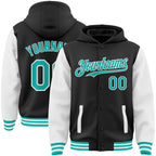 Custom Black Aqua-White Bomber Full-Snap Varsity Letterman Two Tone Hoodie Jacket photo 1
