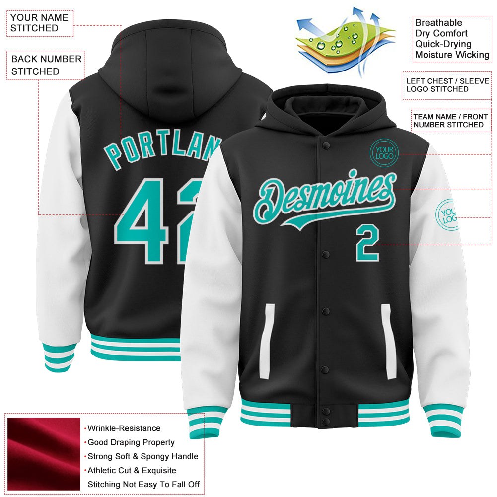 Custom Black Aqua-White Bomber Full-Snap Varsity Letterman Two Tone Hoodie Jacket photo 3