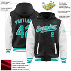 Custom Black Aqua-White Bomber Full-Snap Varsity Letterman Two Tone Hoodie Jacket photo 3