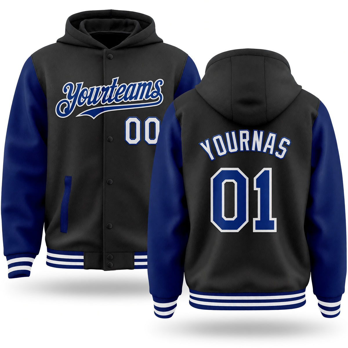 Custom Black Royal-White Bomber Full-Snap Varsity Letterman Two Tone Hoodie Jacket