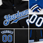 Custom Black Royal-White Bomber Full-Snap Varsity Letterman Two Tone Hoodie Jacket detail