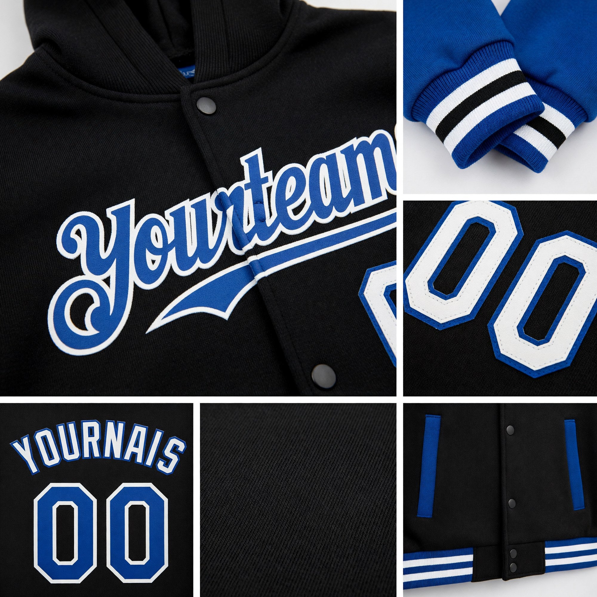 Custom Black Royal-White Bomber Full-Snap Varsity Letterman Two Tone Hoodie Jacket detail
