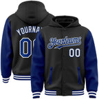 Custom Black Royal-White Bomber Full-Snap Varsity Letterman Two Tone Hoodie Jacket photo 1