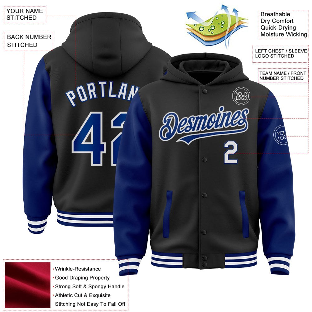 Custom Black Royal-White Bomber Full-Snap Varsity Letterman Two Tone Hoodie Jacket photo 3