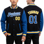Custom Black Royal-Yellow Bomber Full-Snap Varsity Letterman Two Tone Hoodie Jacket worn front and back
