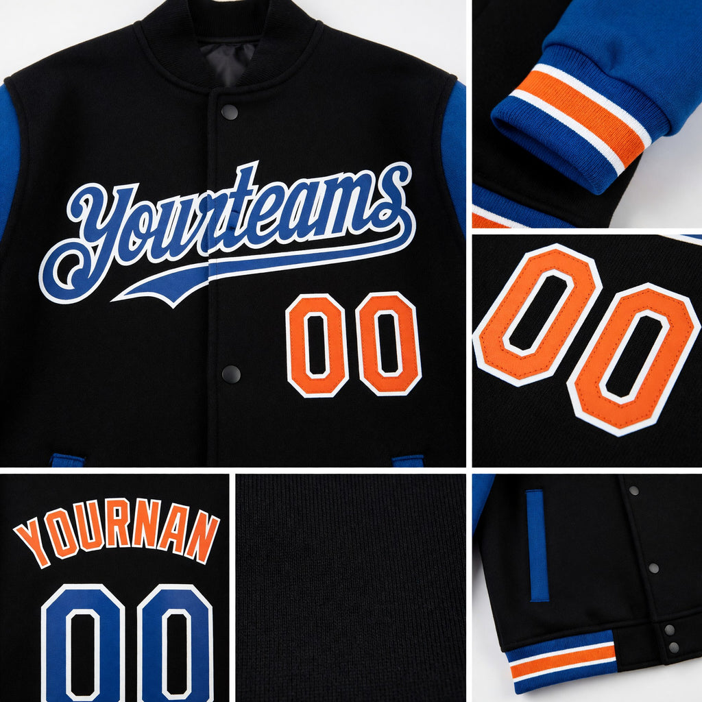 Custom Black Royal-Orange Bomber Full-Snap Varsity Letterman Two Tone Hoodie Jacket detail