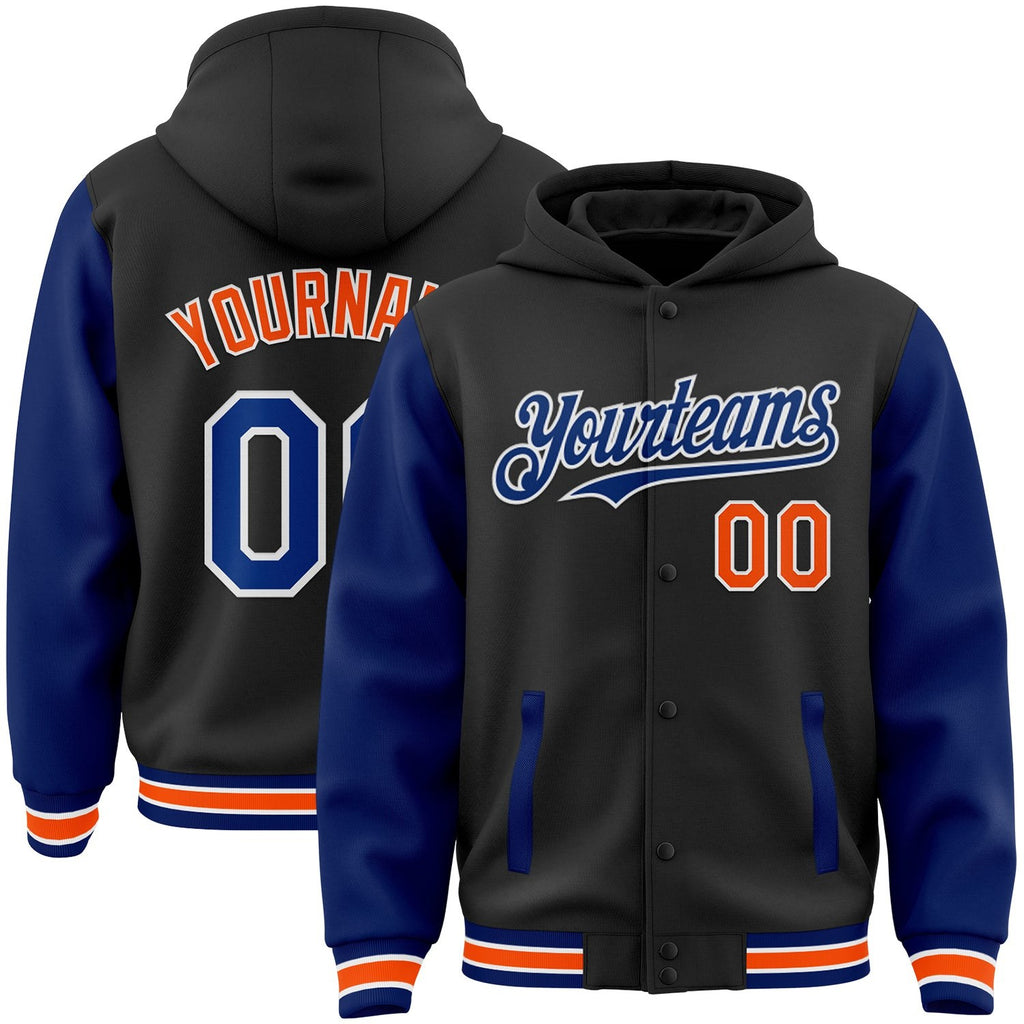 Custom Black Royal-Orange Bomber Full-Snap Varsity Letterman Two Tone Hoodie Jacket photo 1