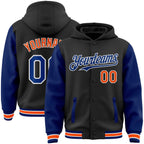 Custom Black Royal-Orange Bomber Full-Snap Varsity Letterman Two Tone Hoodie Jacket photo 1