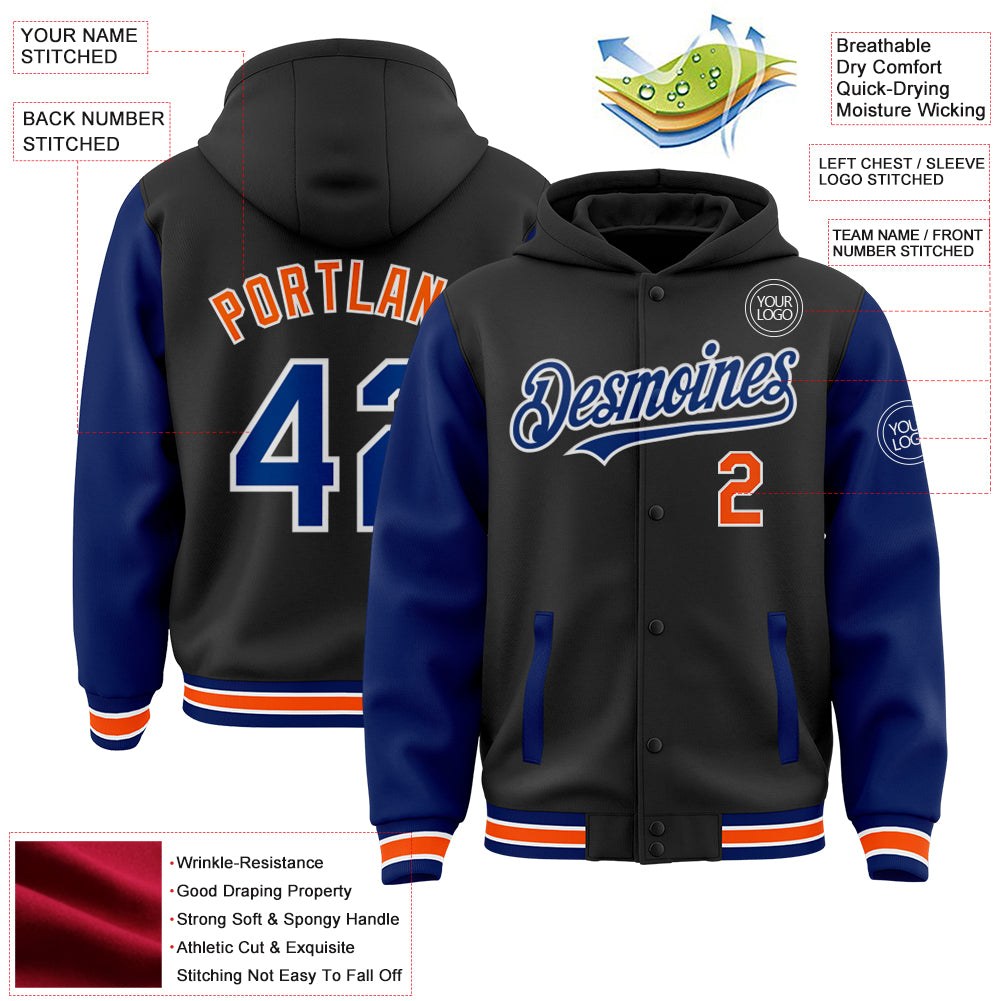 Custom Black Royal-Orange Bomber Full-Snap Varsity Letterman Two Tone Hoodie Jacket photo 3