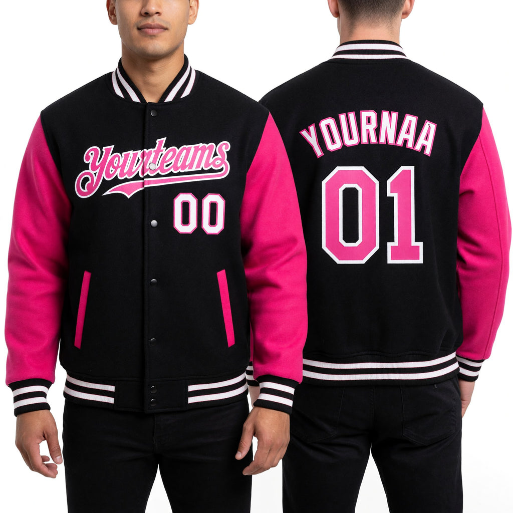Custom Black Pink-White Bomber Full-Snap Varsity Letterman Two Tone Hoodie Jacket worn front and back