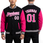 Custom Black Pink-White Bomber Full-Snap Varsity Letterman Two Tone Hoodie Jacket worn front and back