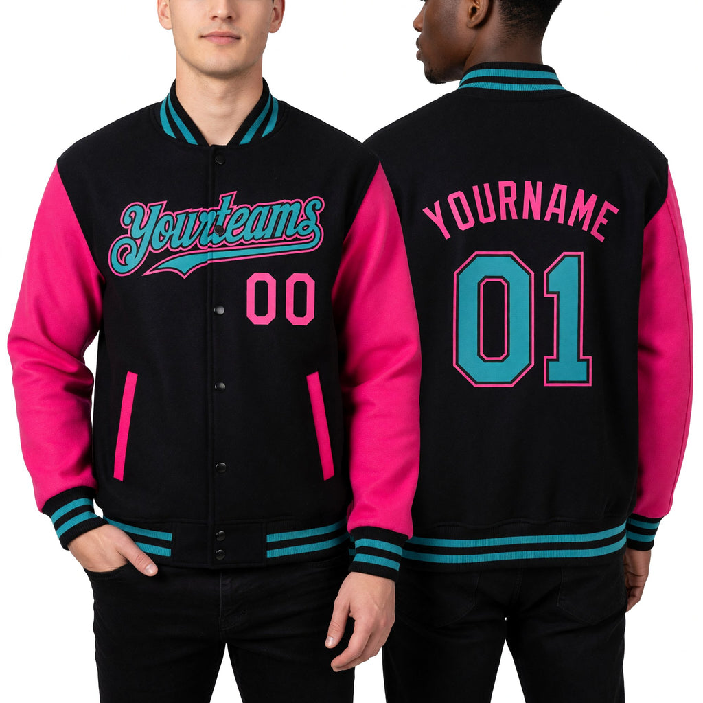 Custom Black Teal-Pink Bomber Full-Snap Varsity Letterman Two Tone Hoodie Jacket worn front and back