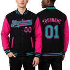Custom Black Teal-Pink Bomber Full-Snap Varsity Letterman Two Tone Hoodie Jacket worn front and back