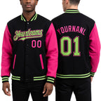 Custom Black Neon Green-Pink Bomber Full-Snap Varsity Letterman Two Tone Hoodie Jacket worn front and back