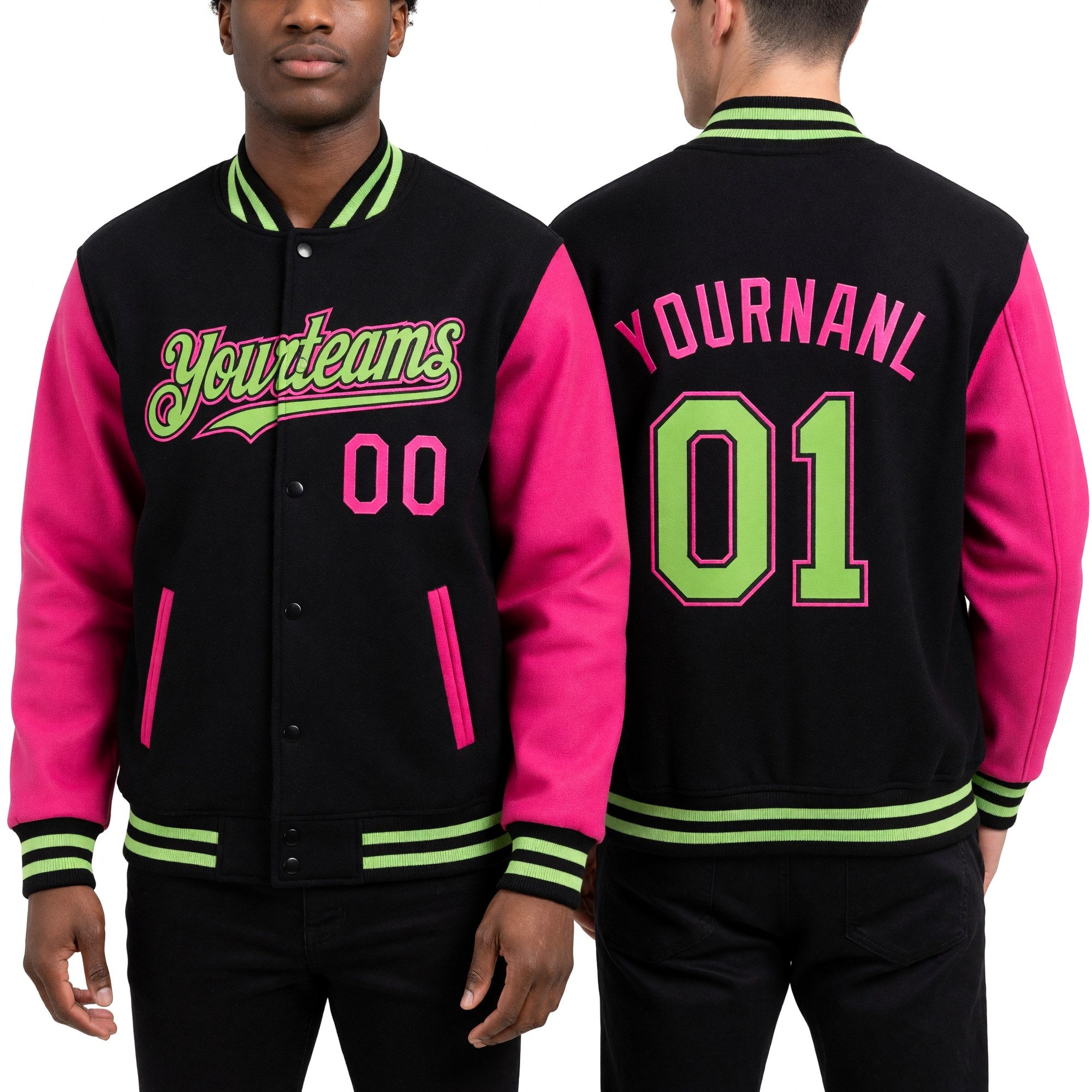 Custom Black Neon Green-Pink Bomber Full-Snap Varsity Letterman Two Tone Hoodie Jacket worn front and back