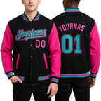 Custom Black Aqua-Pink Bomber Full-Snap Varsity Letterman Two Tone Hoodie Jacket worn front and back