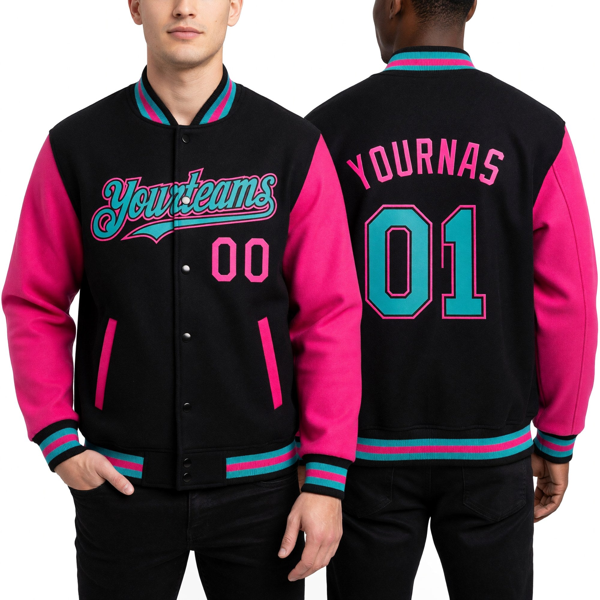 Custom Black Aqua-Pink Bomber Full-Snap Varsity Letterman Two Tone Hoodie Jacket worn front and back