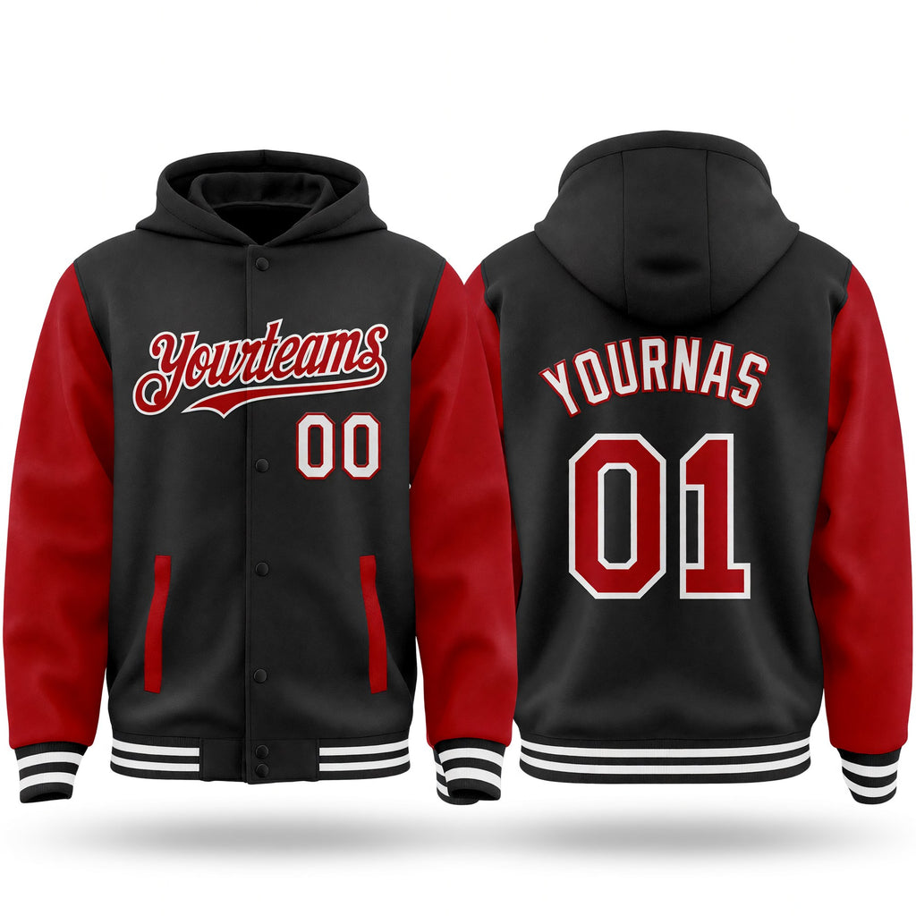 Custom Black Red-White Bomber Full-Snap Varsity Letterman Two Tone Hoodie Jacket