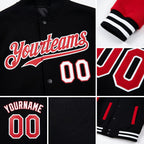 Custom Black Red-White Bomber Full-Snap Varsity Letterman Two Tone Hoodie Jacket detail
