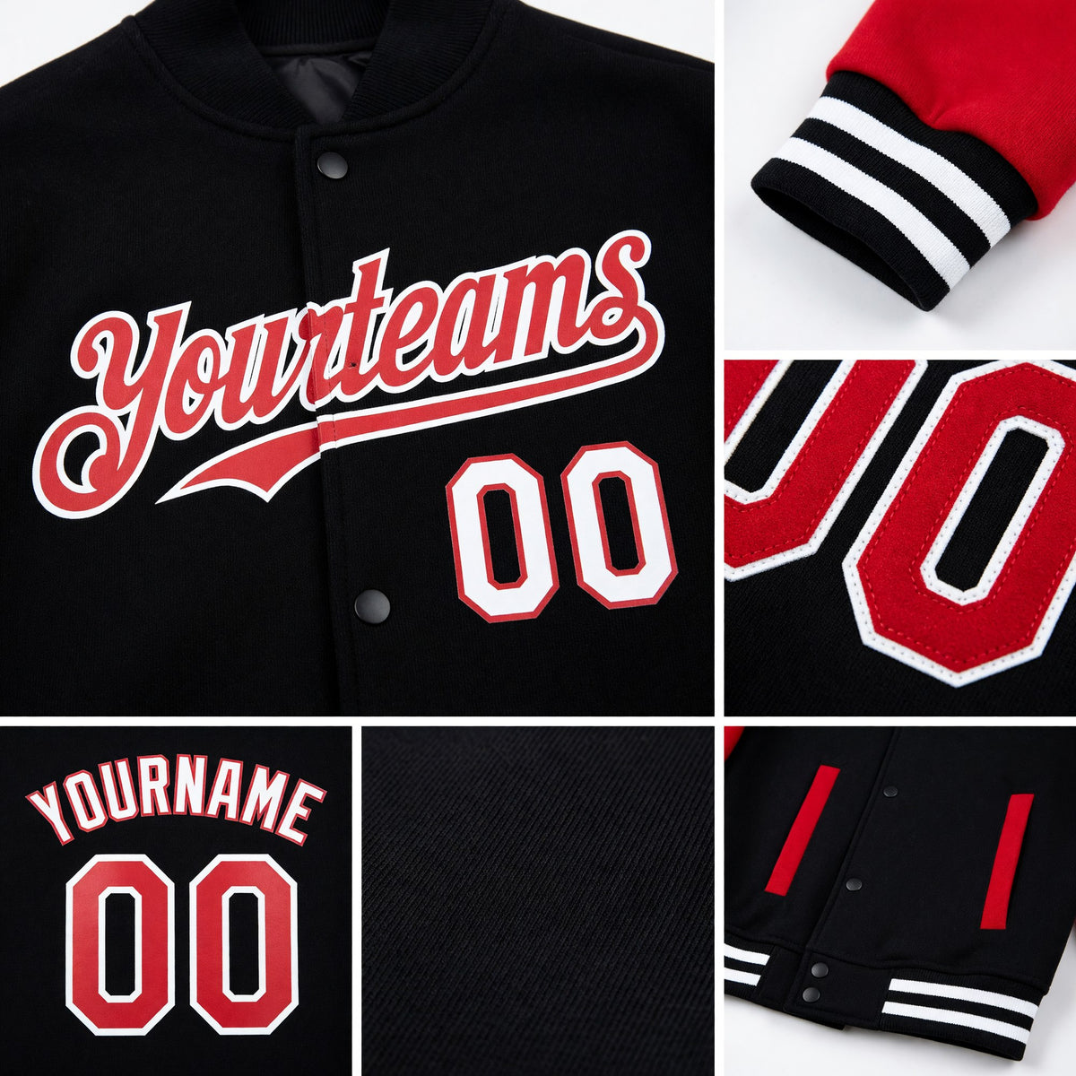 Custom Black Red-White Bomber Full-Snap Varsity Letterman Two Tone Hoodie Jacket detail
