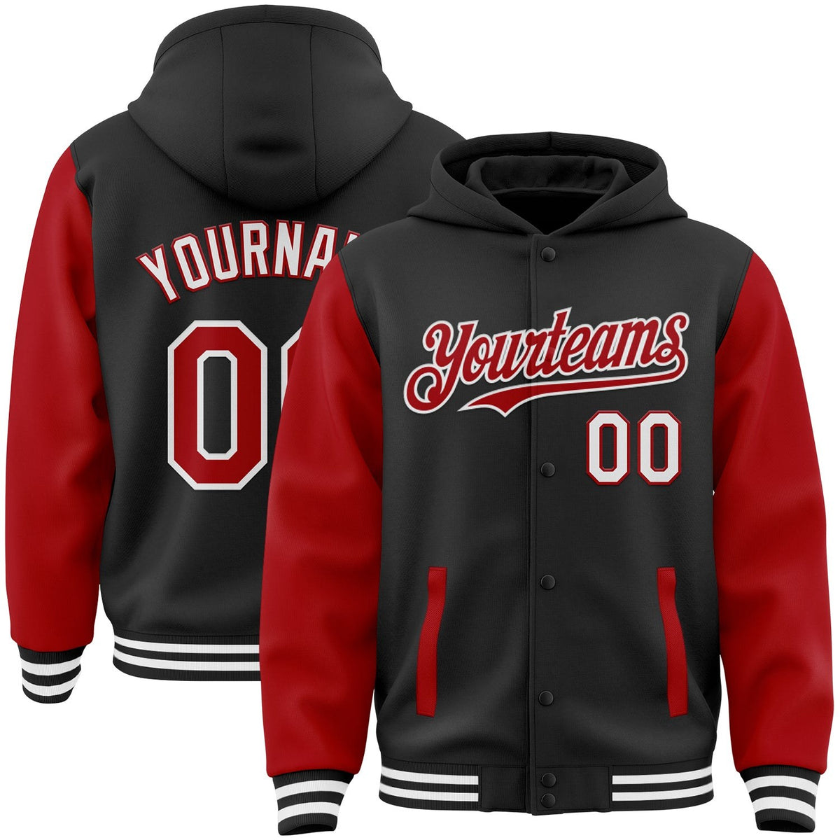 Custom Black Red-White Bomber Full-Snap Varsity Letterman Two Tone Hoodie Jacket photo 1