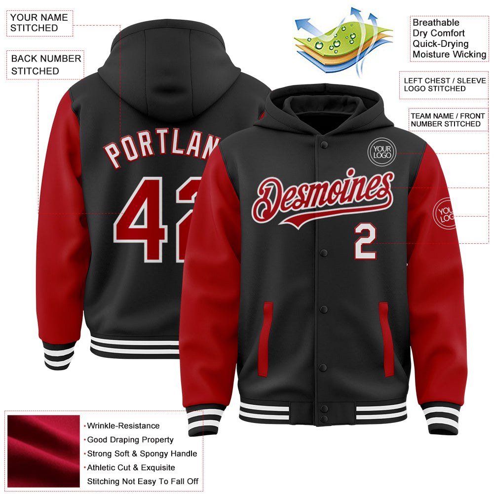 Custom Black Red-White Bomber Full-Snap Varsity Letterman Two Tone Hoodie Jacket photo 3