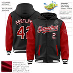 Custom Black Red-White Bomber Full-Snap Varsity Letterman Two Tone Hoodie Jacket photo 3
