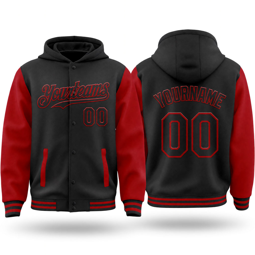 Custom Black Red Bomber Full-Snap Varsity Letterman Two Tone Hoodie Jacket