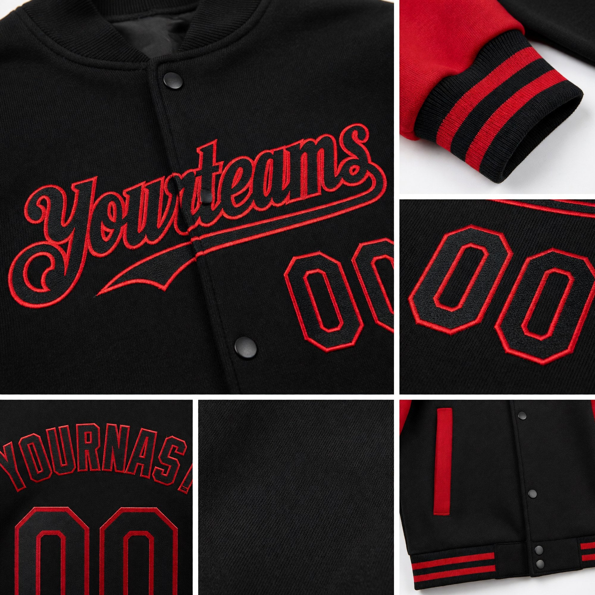 Custom Black Red Bomber Full-Snap Varsity Letterman Two Tone Hoodie Jacket detail
