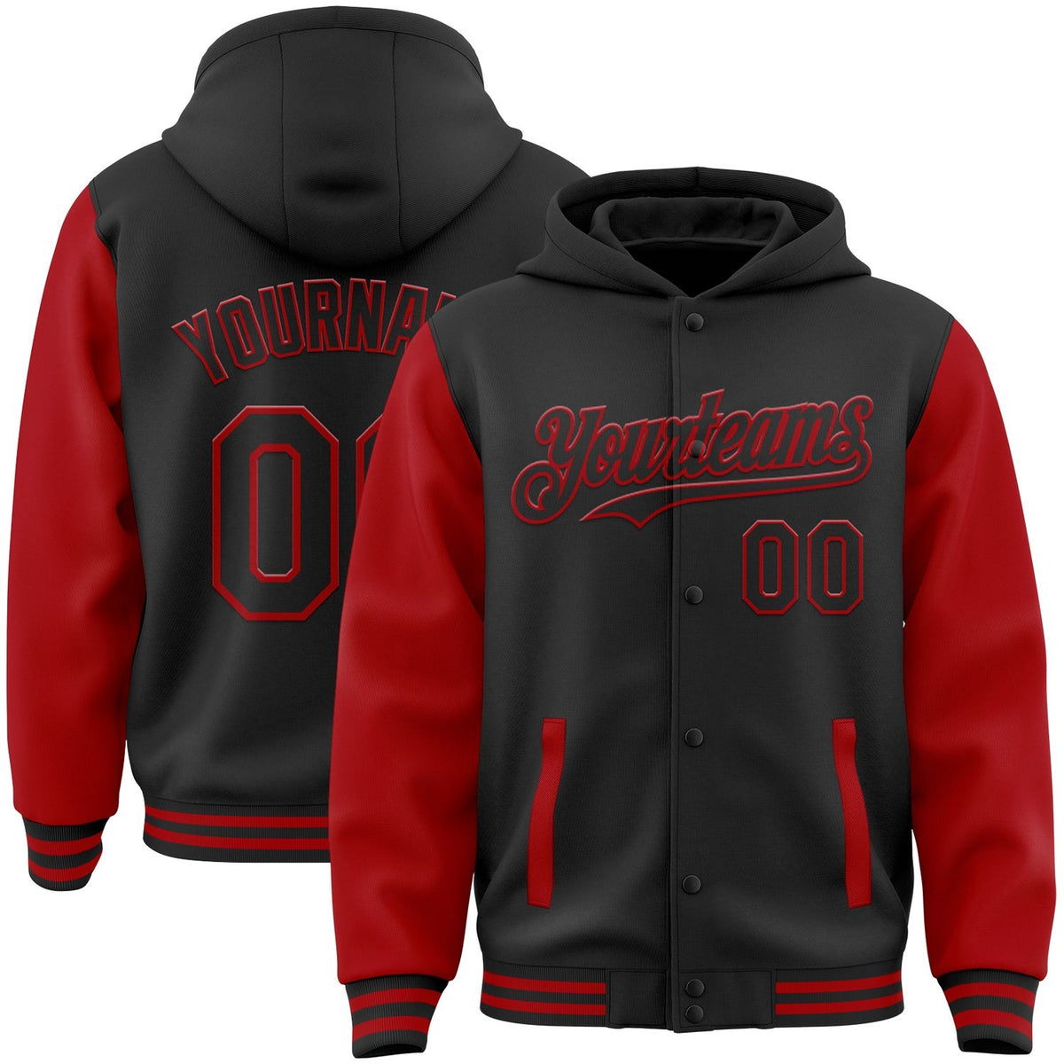 Custom Black Red Bomber Full-Snap Varsity Letterman Two Tone Hoodie Jacket photo 1
