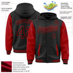 Custom Black Red Bomber Full-Snap Varsity Letterman Two Tone Hoodie Jacket photo 3