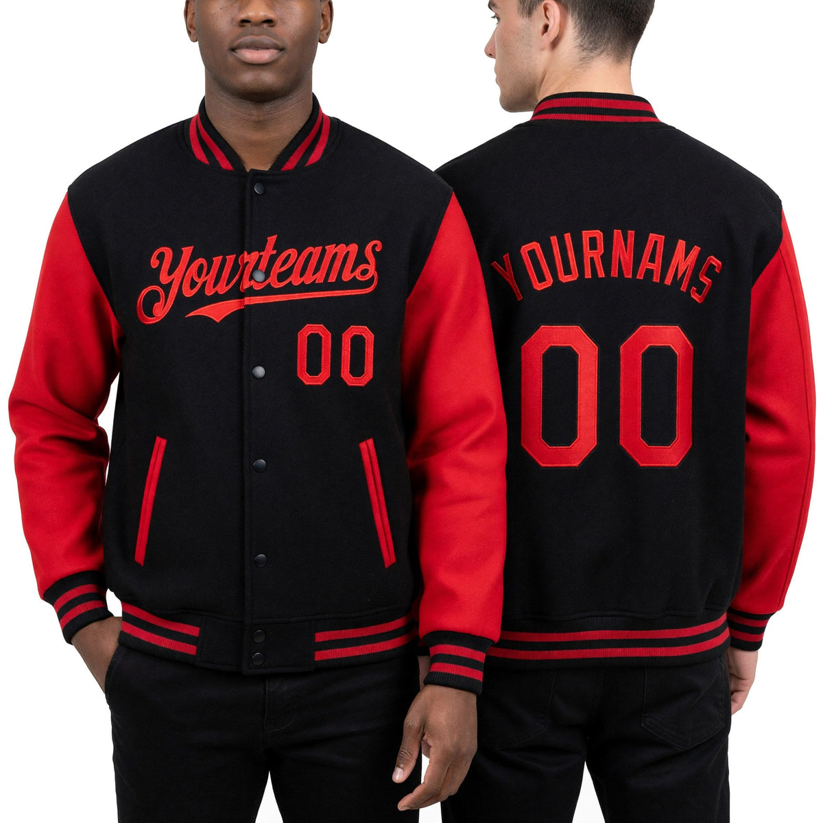 Custom Black Red Bomber Full-Snap Varsity Letterman Two Tone Hoodie Jacket worn front and back