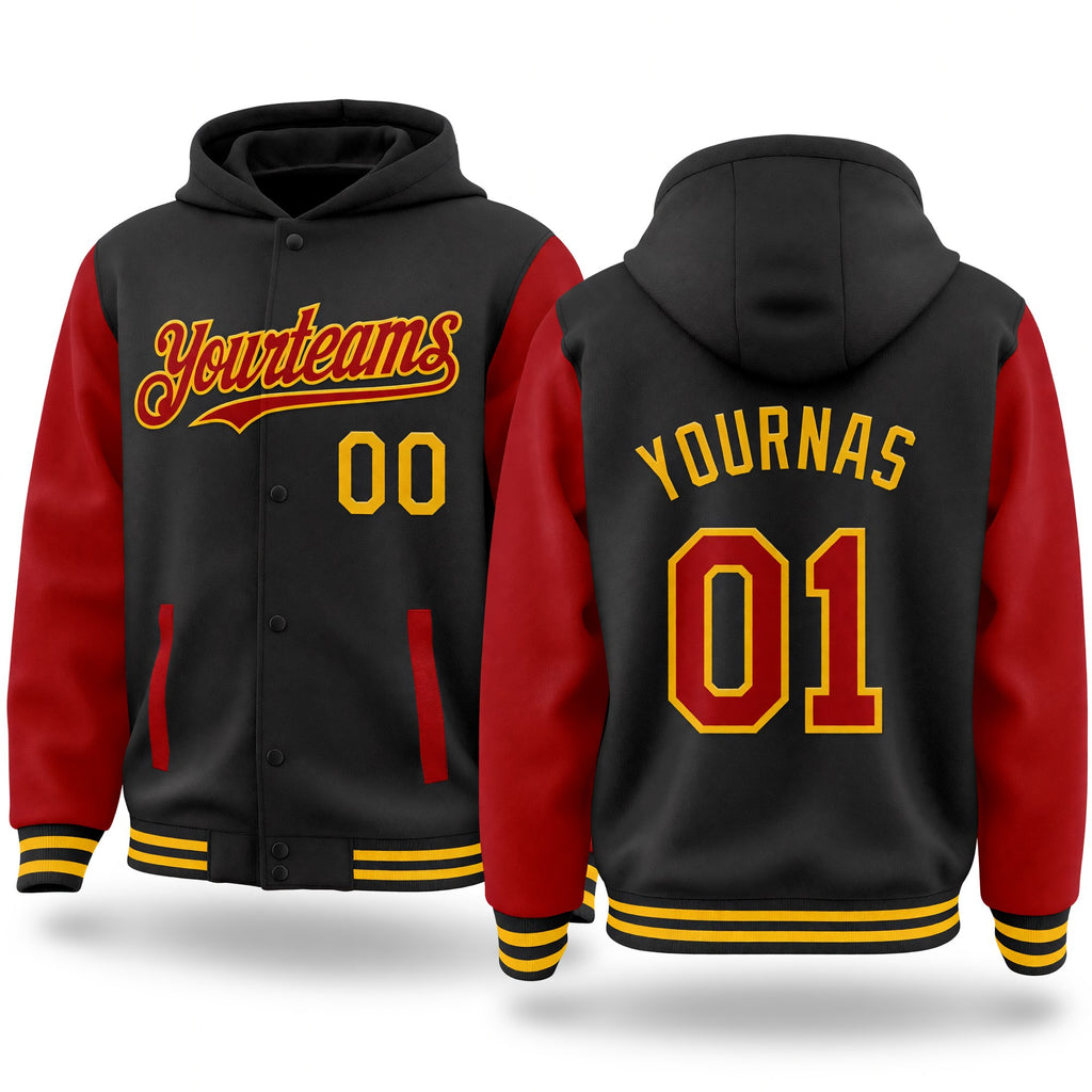 Custom Black Red-Gold Bomber Full-Snap Varsity Letterman Two Tone Hoodie Jacket