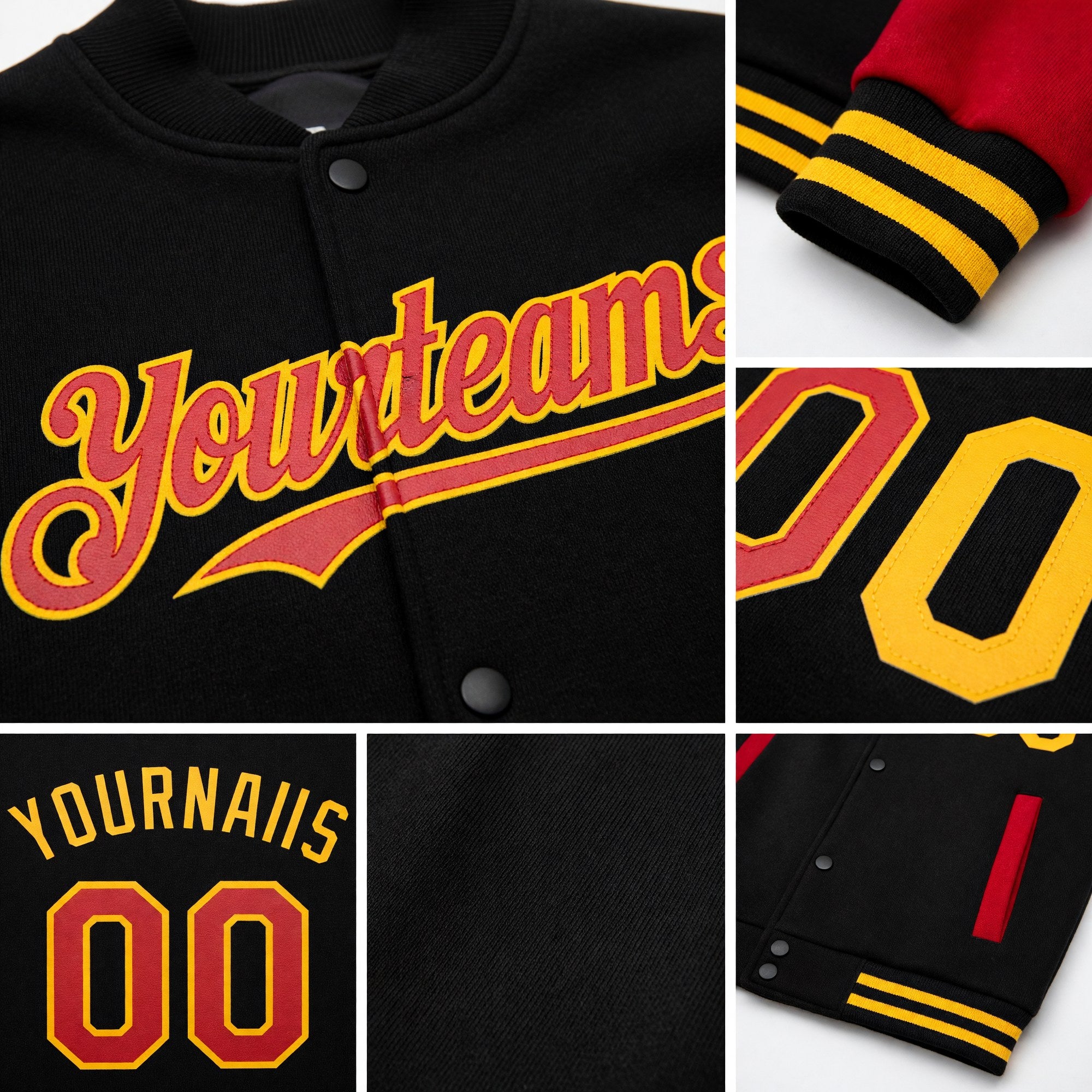 Custom Black Red-Gold Bomber Full-Snap Varsity Letterman Two Tone Hoodie Jacket detail