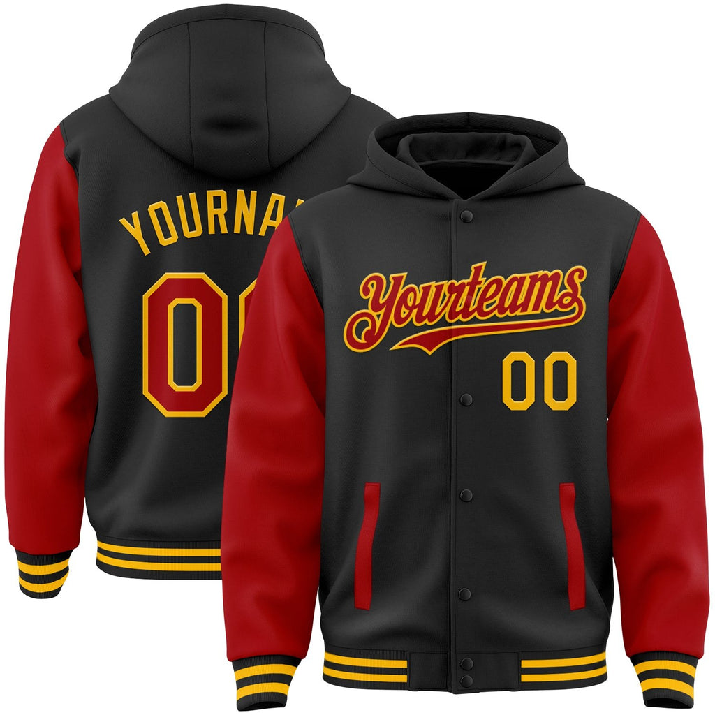 Custom Black Red-Gold Bomber Full-Snap Varsity Letterman Two Tone Hoodie Jacket photo 1