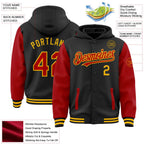 Custom Black Red-Gold Bomber Full-Snap Varsity Letterman Two Tone Hoodie Jacket photo 3