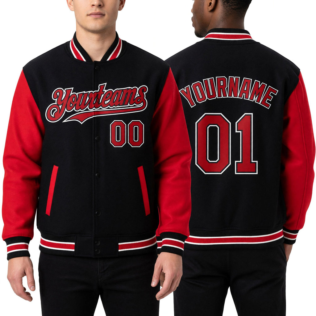 Custom Black Red-White Bomber Full-Snap Varsity Letterman Two Tone Hoodie Jacket worn front and back