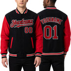 Custom Black Red-White Bomber Full-Snap Varsity Letterman Two Tone Hoodie Jacket worn front and back