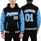 Custom Black Light Blue-White Bomber Full-Snap Varsity Letterman Two Tone Hoodie Jacket worn front and back