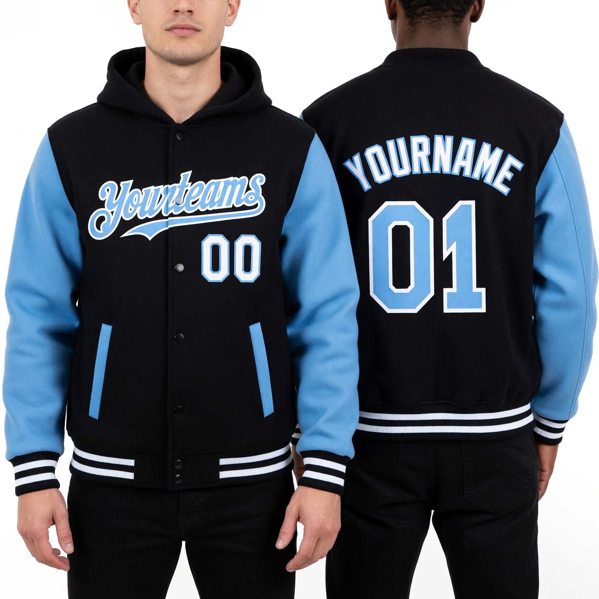 Custom Black Light Blue-White Bomber Full-Snap Varsity Letterman Two Tone Hoodie Jacket worn front and back