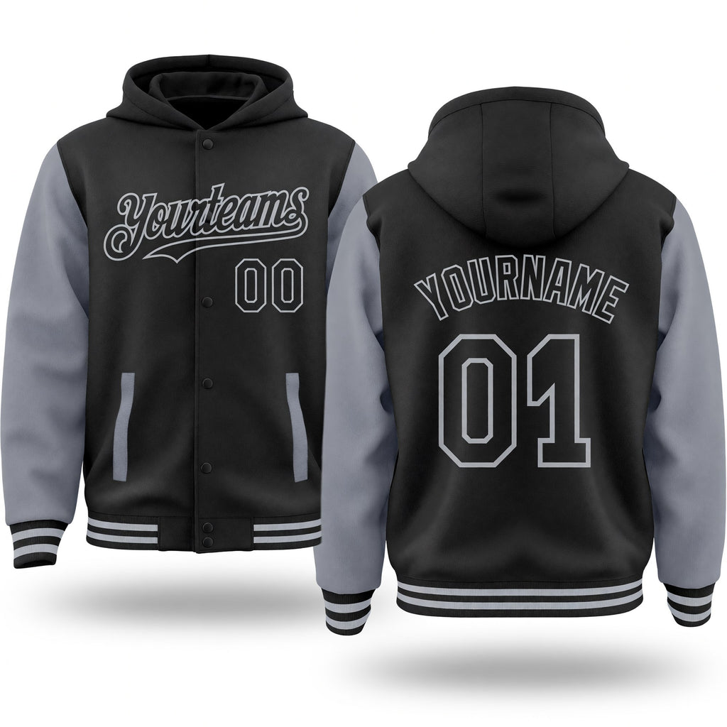 Custom Black Gray Bomber Full-Snap Varsity Letterman Two Tone Hoodie Jacket